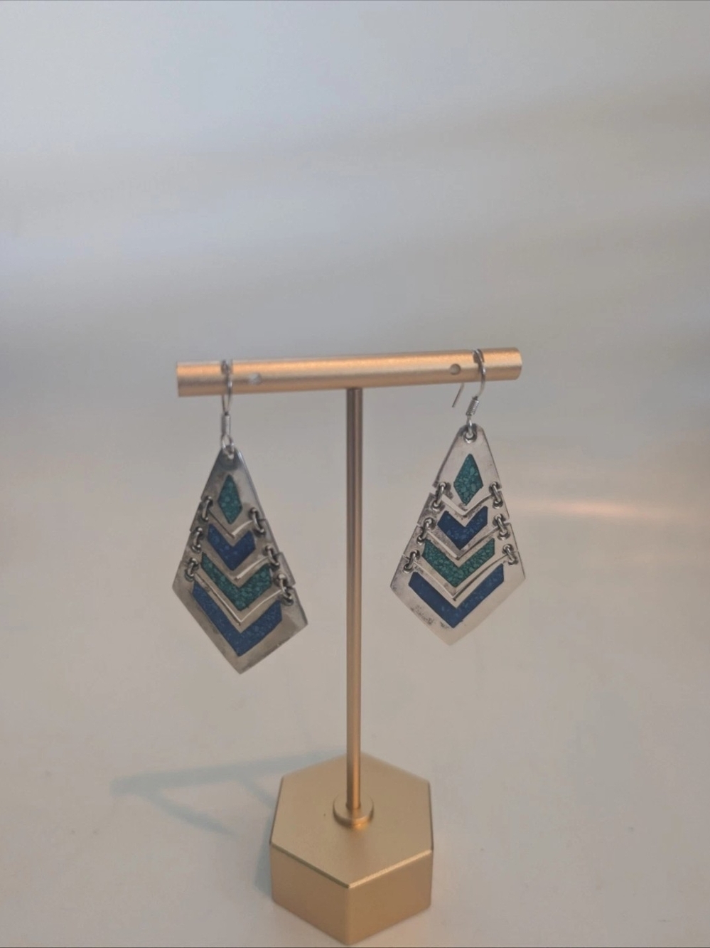 Vintage Mexican Sterling Silver Turquoise Inlay Dangle Earrings Stamped Mexico